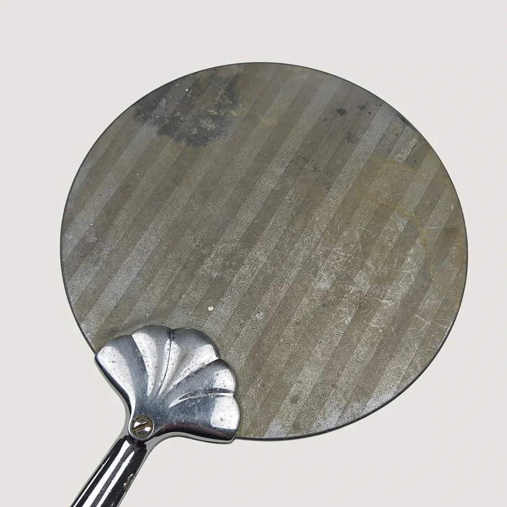 Vintage Hand Mirror 80s 70s Art Deco Chrome Plate Silver Tone Shell Handle